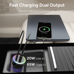 Ambrane 85W Car Charger, Mobile & Laptop Charging (Macbook & Type C Laptops), RGB Light, Dual Port Fast Charging, 65W Type C PD, 20W USB, Works with iPhone, Android, iPad & other Devices (Black, C85R)