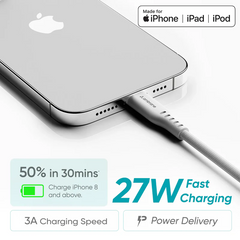 Ambrane Mfi Certified Type C To Lightning Cable, 27W Fast Charging For Iphone 14/13/12/11/X/8/7/6, Ipad & Airpods, 480Mbps Data Sync, Durable Braided Design, Car/Travel-Friendly, 3.9Ft (1.2M), White