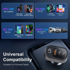 125W 3-Port USB-C Car Charger with LED Display, PD 3.0 & QC 4.0 Fast Charging