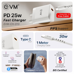 EVM 25W Mobile Charger - Type C Cable Included - Compact Charging Adaptor - Android, Xiaomi, Vivo and Other Smartphones  (EVM-CH-013)