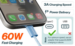 Ambrane 60W Type-C to Type-C Fast Charging Cable for Smartphones, Tablets, Laptops, iPhone 15 & other Type C devices, PD Technology, 480Mbps Data Sync, 1.2M (ABCC-60, Black/White)