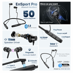 EVM NB-035 EnSport Pro Bluetooth Neckband with Bluetooth V5.2, 50 Hrs Play Time, 10 mm Driver,