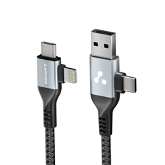 Ambrane 4 In 1 Multi-Functional Charging Cable 60W | Fast Charging & Data Sync | Universal USB, Type-C, Lightning Cable | Compatible With Android, iPhone, Tablets, And USB-C Devices (AC4CL-15, Silver/Black),1M