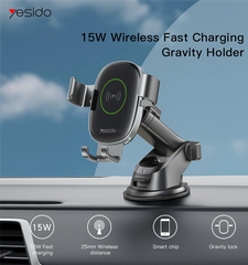 Yesido C123 Double Base Car Mobile Phone Holder | Charger With 10W 15W Qi Wireless Charging
