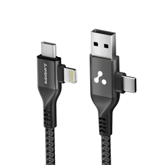 Ambrane 4 In 1 Multi-Functional Charging Cable 60W | Fast Charging & Data Sync | Universal USB, Type-C, Lightning Cable | Compatible With Android, iPhone, Tablets, And USB-C Devices (AC4CL-15, Silver/Black),1M
