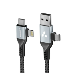 Ambrane 4 In 1 Multi-Functional Charging Cable 60W | Fast Charging & Data Sync | Universal USB, Type-C, Lightning Cable | Compatible With Android, iPhone, Tablets, And USB-C Devices (AC4CL-15, Silver/Black),1M