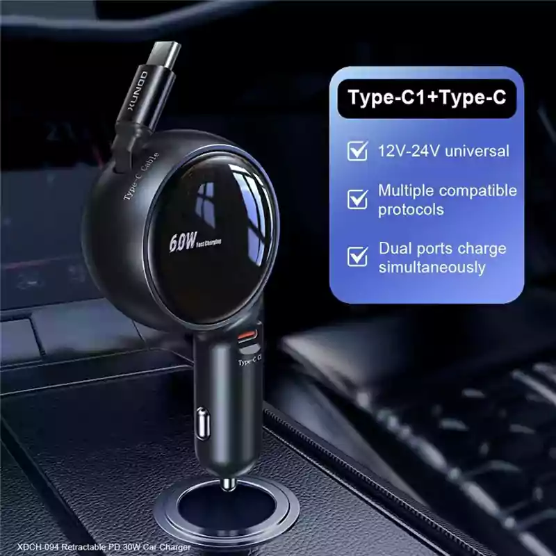 XUNDD XDCH-094 60W PD Fast Car Charger with Retractable Cable XUNDD XDCH-094 60W PD Fast Car Charger with Retractable Cable