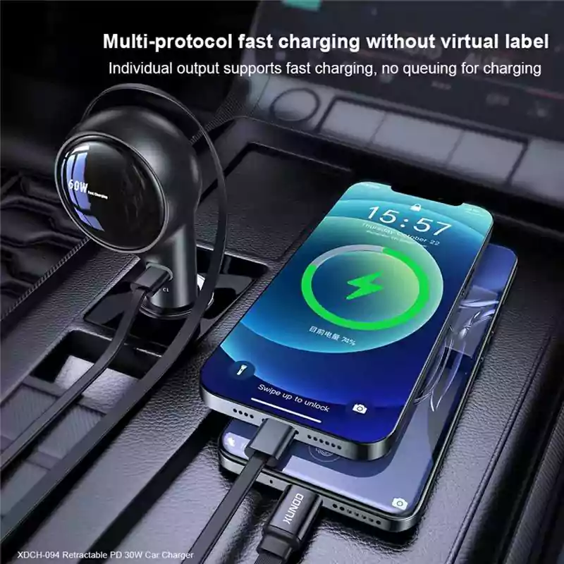 XUNDD XDCH-094 60W PD Fast Car Charger with Retractable Cable XUNDD XDCH-094 60W PD Fast Car Charger with Retractable Cable