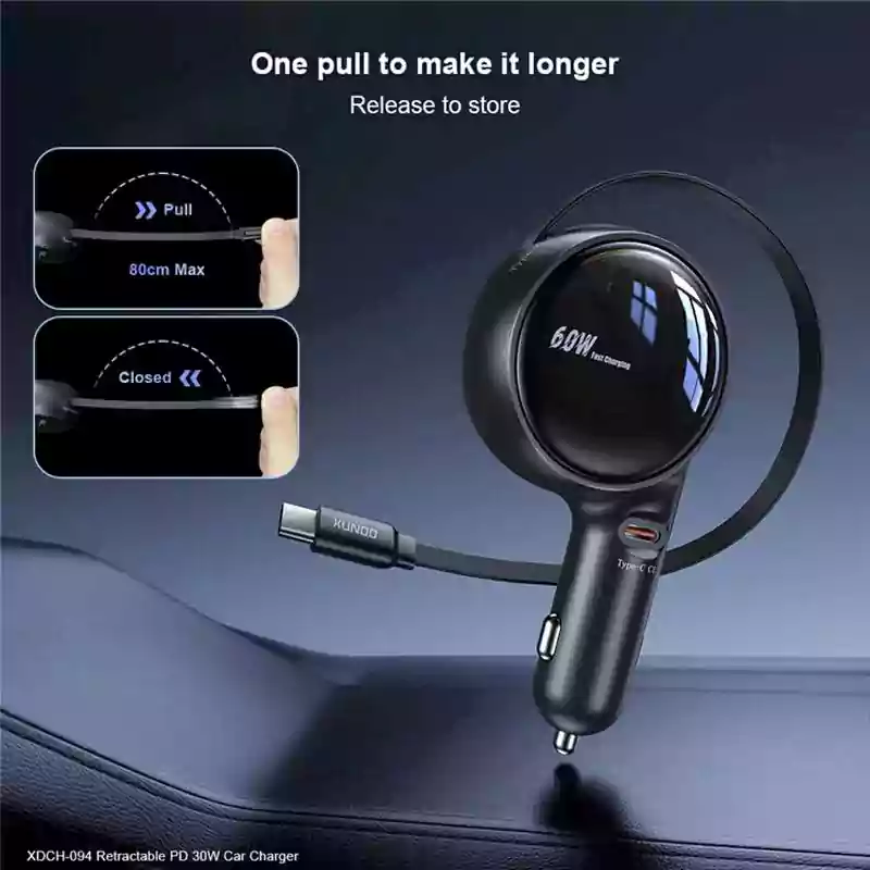 XUNDD XDCH-094 60W PD Fast Car Charger with Retractable Cable XUNDD XDCH-094 60W PD Fast Car Charger with Retractable Cable