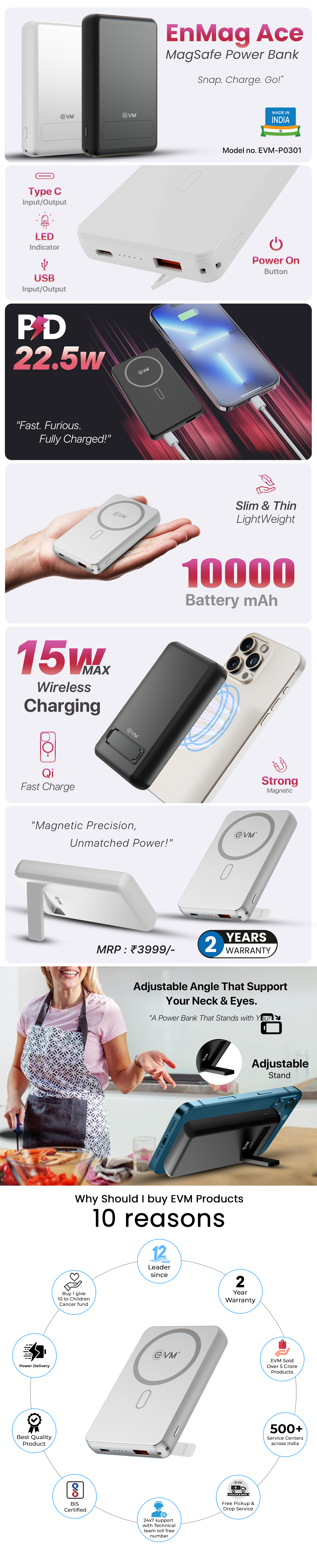 EVM EnMag Ace P0301 10000mAh Power Bank – 15W Wireless Charging, 22.5W Fast Charging, MagSafe Compatible