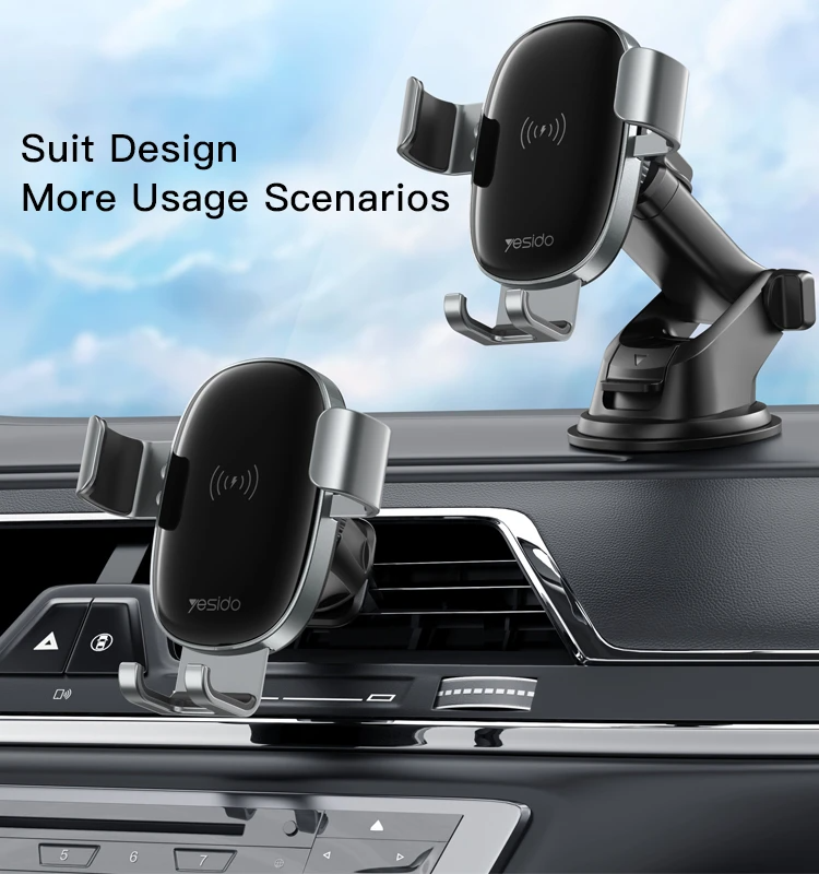 Yesido C123 Double Base Car Mobile Phone Holder | Charger With 10W 15W Qi Wireless Charging