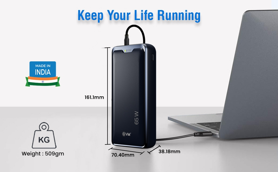 EVM EnLap Pro 30000 mAh Laptop Power Bank with 65W Fast Charging, Dual Input/Output, LED Indicators