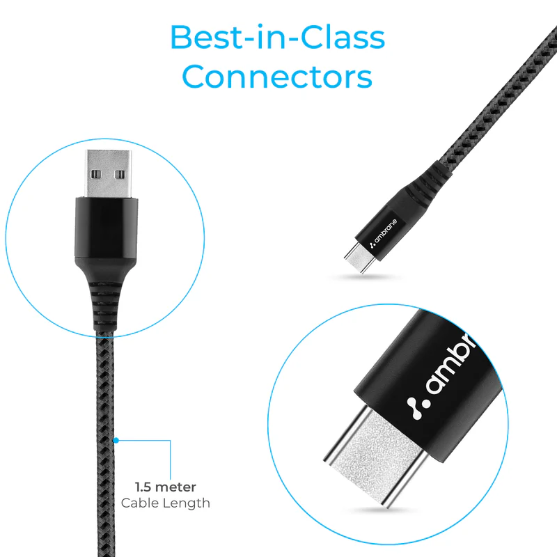 Ambrane Usb-To Type-c Braided Cable With 30W Fast Charging  1.5 meter BCT-C15