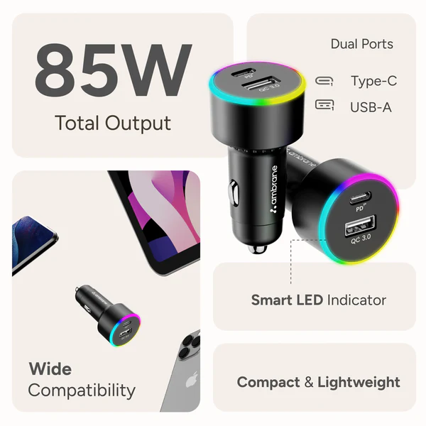 Ambrane 85W Car Charger, Mobile & Laptop Charging (Macbook & Type C Laptops), RGB Light, Dual Port Fast Charging, 65W Type C PD, 20W USB, Works with iPhone, Android, iPad & other Devices (Black, C85R)