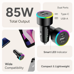 Ambrane 85W Car Charger, Mobile & Laptop Charging (Macbook & Type C Laptops), RGB Light, Dual Port Fast Charging, 65W Type C PD, 20W USB, Works with iPhone, Android, iPad & other Devices (Black, C85R)
