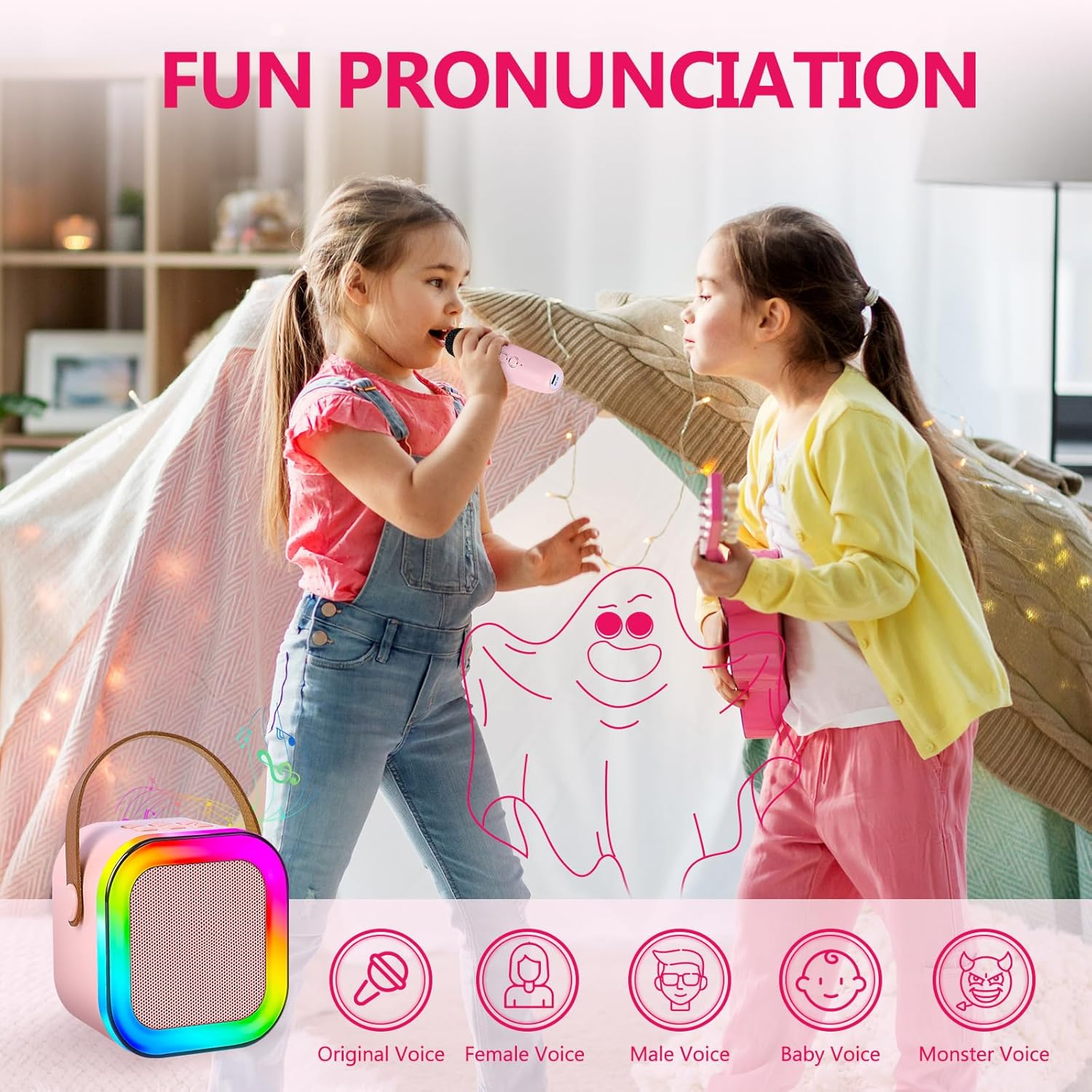 Mini Karaoke Speaker Machine for Kids Adults, Portable Bluetooth Speaker with 2 Wireless Mic, Karaoke Speaker with Voice Changing Effect Colorful Lights Birthday Gifts for Kids