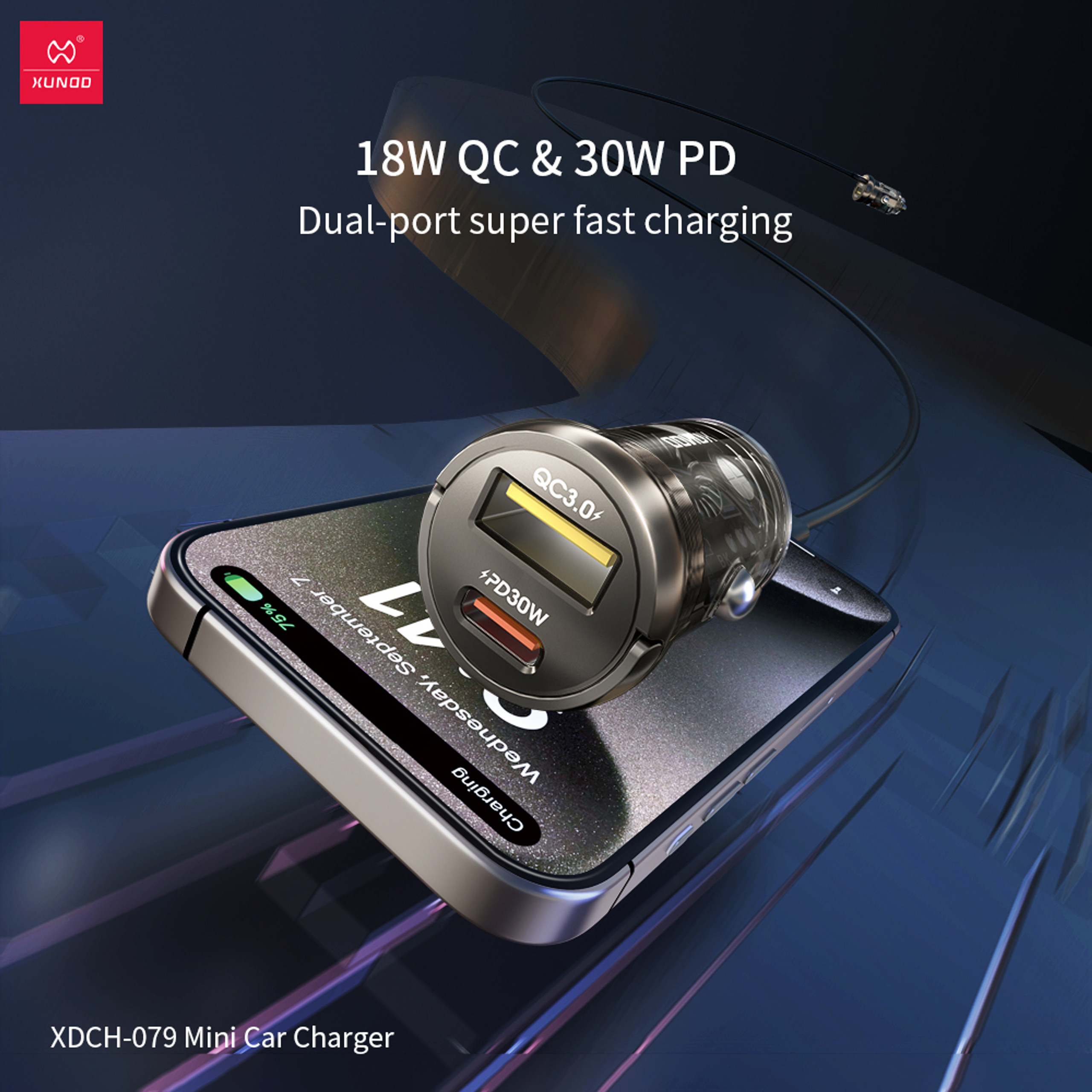 XUNDD XDCH-079 Car Charger Pull Tab PD 30W + QC3.0 Cigarette Lighter Adapter with Indicator Light -