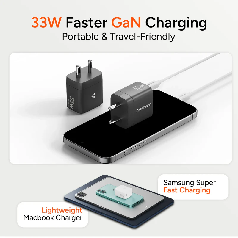 Ambrane 33W GaN Charger MacBook Charging Support Type-c Port