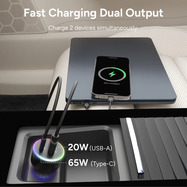 Ambrane 85W Car Charger, Mobile & Laptop Charging (Macbook & Type C Laptops), RGB Light, Dual Port Fast Charging, 65W Type C PD, 20W USB, Works with iPhone, Android, iPad & other Devices (Black, C85R)