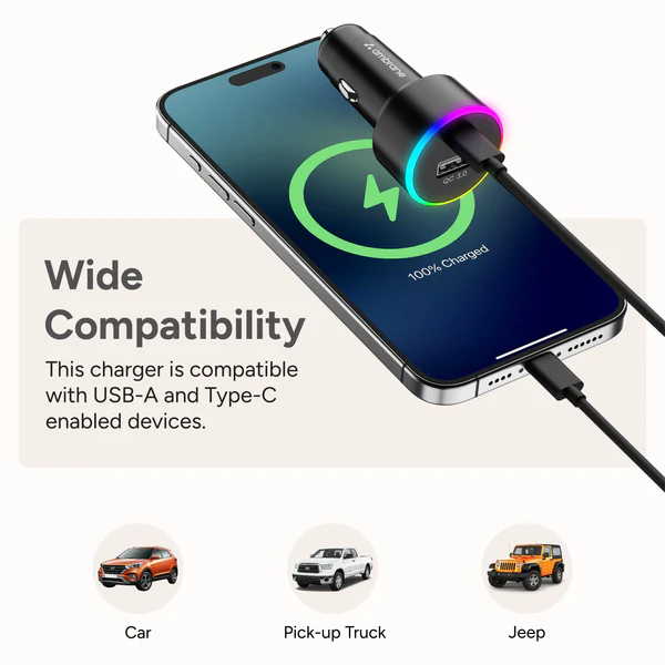 Ambrane 85W Car Charger, Mobile & Laptop Charging (Macbook & Type C Laptops), RGB Light, Dual Port Fast Charging, 65W Type C PD, 20W USB, Works with iPhone, Android, iPad & other Devices (Black, C85R)