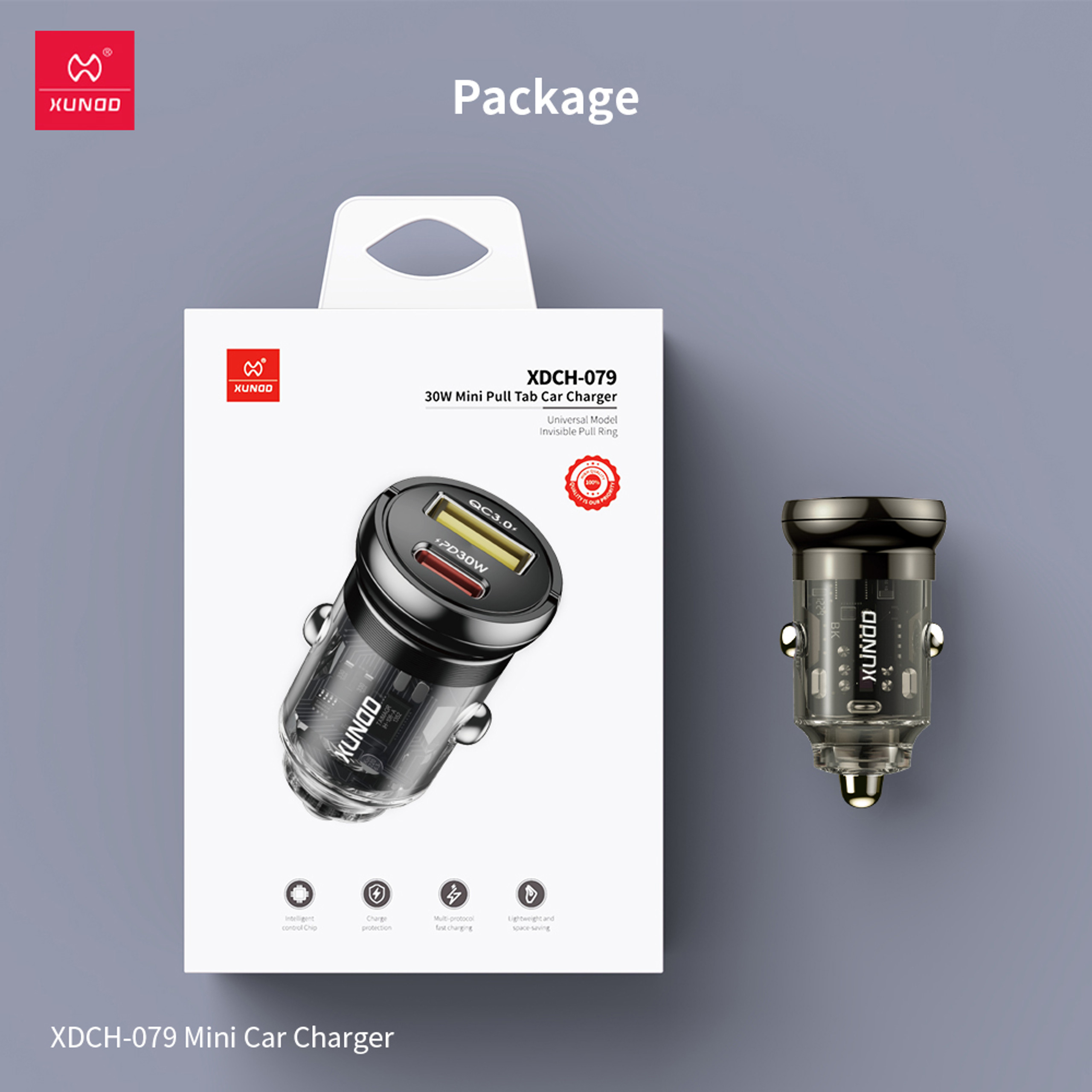 XUNDD XDCH-079 Car Charger Pull Tab PD 30W + QC3.0 Cigarette Lighter Adapter with Indicator Light -