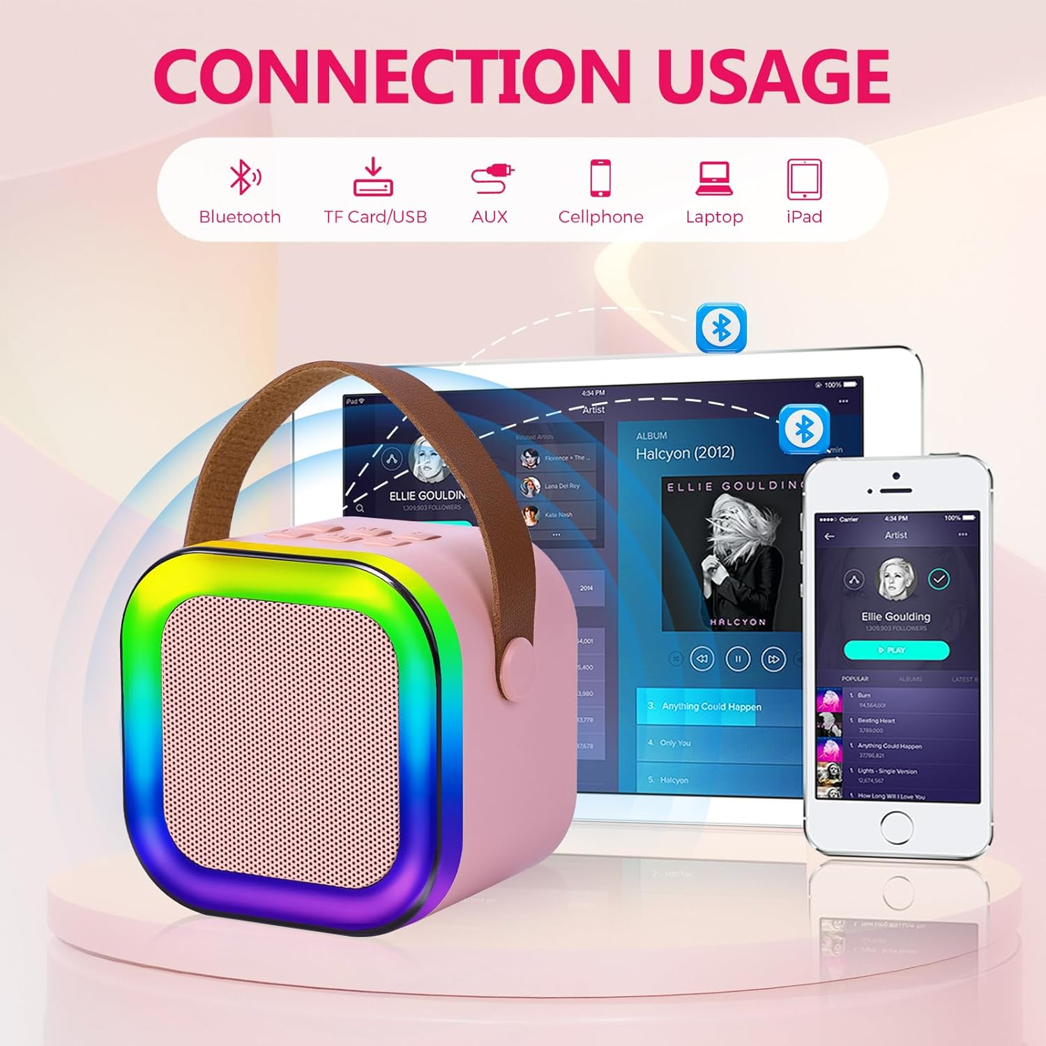 Mini Karaoke Speaker Machine for Kids Adults, Portable Bluetooth Speaker with 2 Wireless Mic, Karaoke Speaker with Voice Changing Effect Colorful Lights Birthday Gifts for Kids