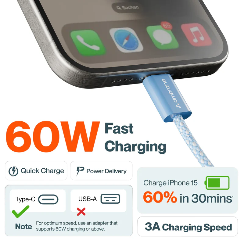 Ambrane 60W Type-C to Type-C Fast Charging Cable for Smartphones, Tablets, Laptops, iPhone 15 & other Type C devices, PD Technology, 480Mbps Data Sync, 1.2M (ABCC-60, Black/White)