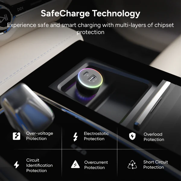 Ambrane 85W Car Charger, Mobile & Laptop Charging (Macbook & Type C Laptops), RGB Light, Dual Port Fast Charging, 65W Type C PD, 20W USB, Works with iPhone, Android, iPad & other Devices (Black, C85R)