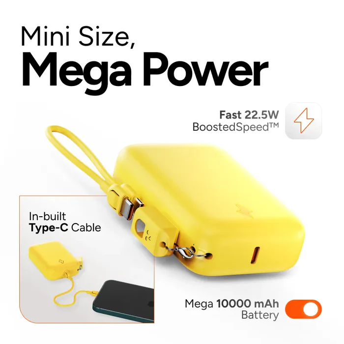 Ambrane PowerMini 10 10000mAh Small Fast Charging Pocket Power Bank with Inbuilt Cable