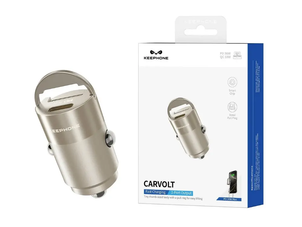 KEEPHONE CarVolt PD 36W Fast Car Charger / Compatible with Apple and Android. USB/Type-C ports