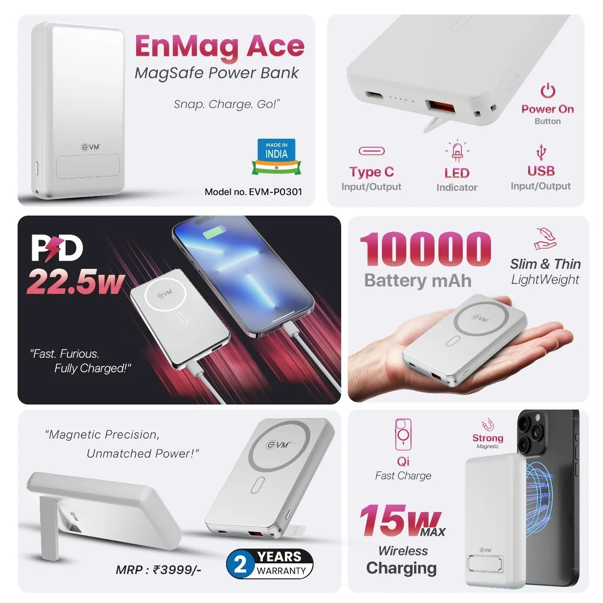 EVM EnMag Ace P0301 10000mAh Power Bank – 15W Wireless Charging, 22.5W Fast Charging, MagSafe Compatible