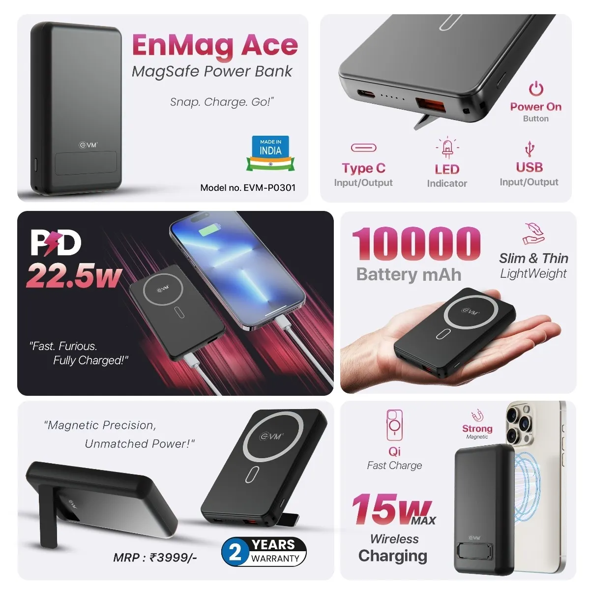 EVM EnMag Ace P0301 10000mAh Power Bank – 15W Wireless Charging, 22.5W Fast Charging, MagSafe Compatible