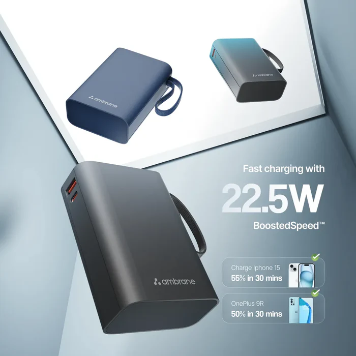 Ambrane MiniCharge -20 (20000mAh Fast Charging 22.5w  Power Bank with in-Built Cable)