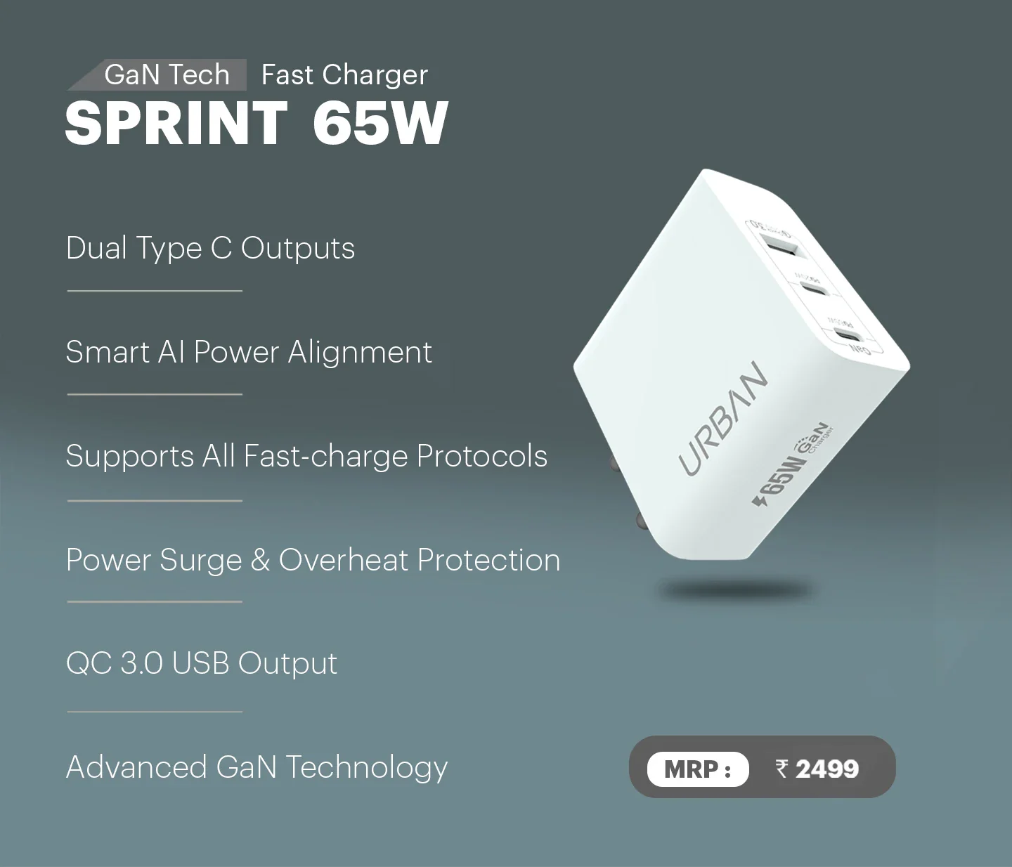 URBAN Sprint 65w GaN Fast Charger ( supports Laptops Charging )
