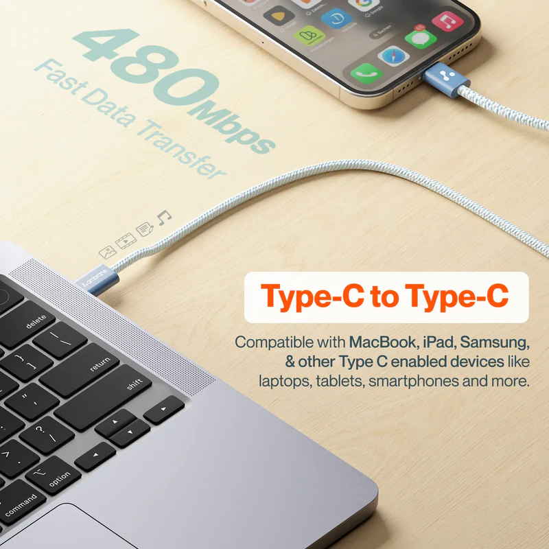 Ambrane 60W Type-C to Type-C Fast Charging Cable for Smartphones, Tablets, Laptops, iPhone 15 & other Type C devices, PD Technology, 480Mbps Data Sync, 1.2M (ABCC-60, Black/White)