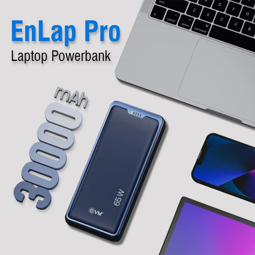 EVM EnLap Pro 30000 mAh Laptop Power Bank with 65W Fast Charging, Dual Input/Output, LED Indicators