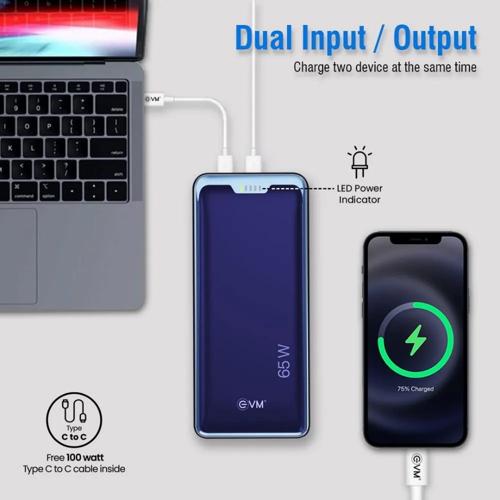 EVM EnLap Pro 30000 mAh Laptop Power Bank with 65W Fast Charging, Dual Input/Output, LED Indicators