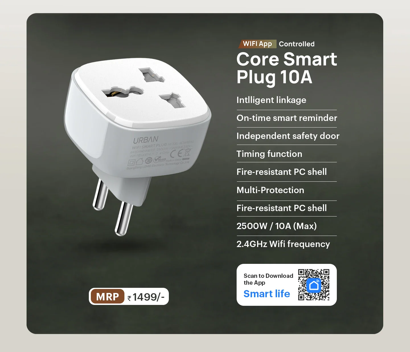 URBAN Core Smart Plug 10A /2500W WIFI Controlled / Bluetooth Connectivity