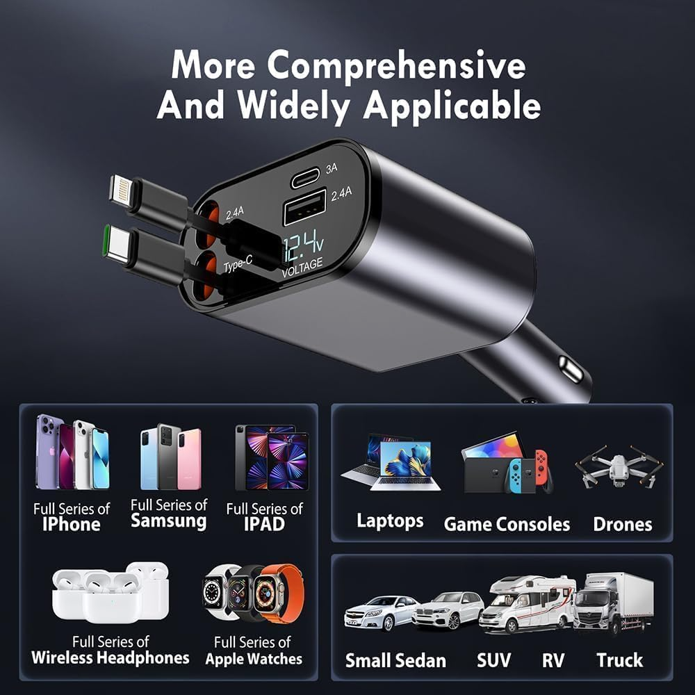120W Fast Car Charger (2025 New Version) with 80CM Retractable Type-C Charging for 4 Devices – Universal Car Mobile Charger for All Smartphones & Tablets (Car Charger)