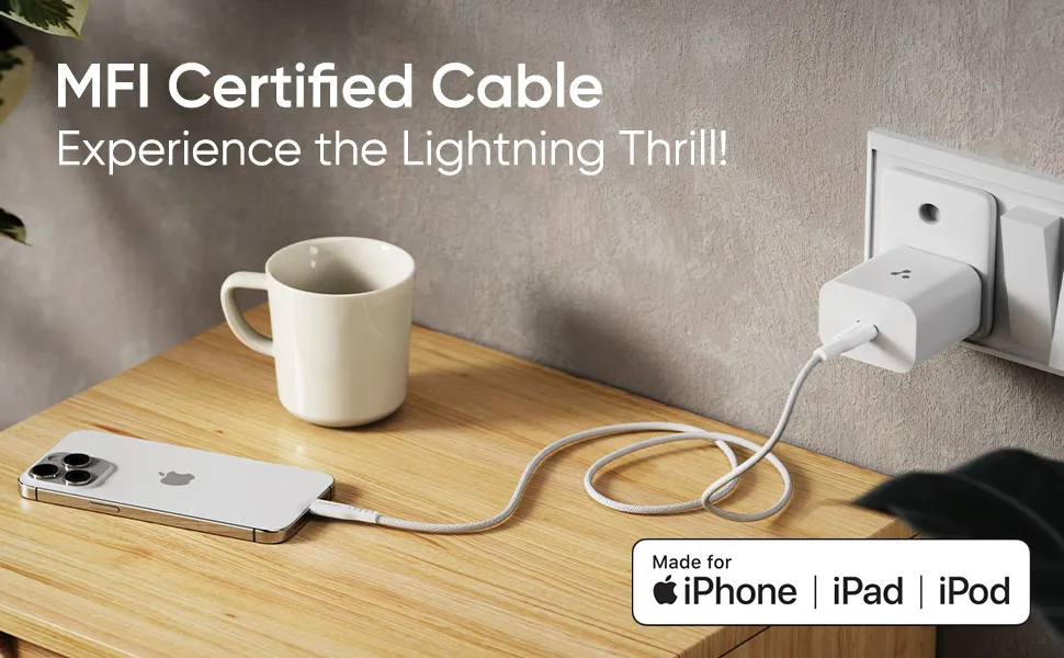 Ambrane Mfi Certified Type C To Lightning Cable, 27W Fast Charging For Iphone 14/13/12/11/X/8/7/6, Ipad & Airpods, 480Mbps Data Sync, Durable Braided Design, Car/Travel-Friendly, 3.9Ft (1.2M), White