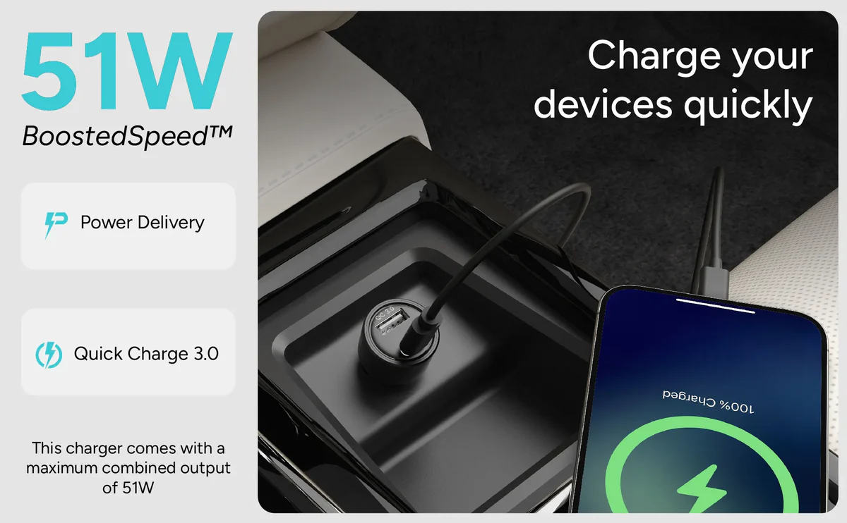 Ambrane 51W Fast Charging Car Charger, Dual Output 33W Type C PD + 18W USB Car Adapter, Quick Charge Car Plug for iPhone, Android, Tablets & More, High-Speed Compact Car Power Charger (Black, C51)