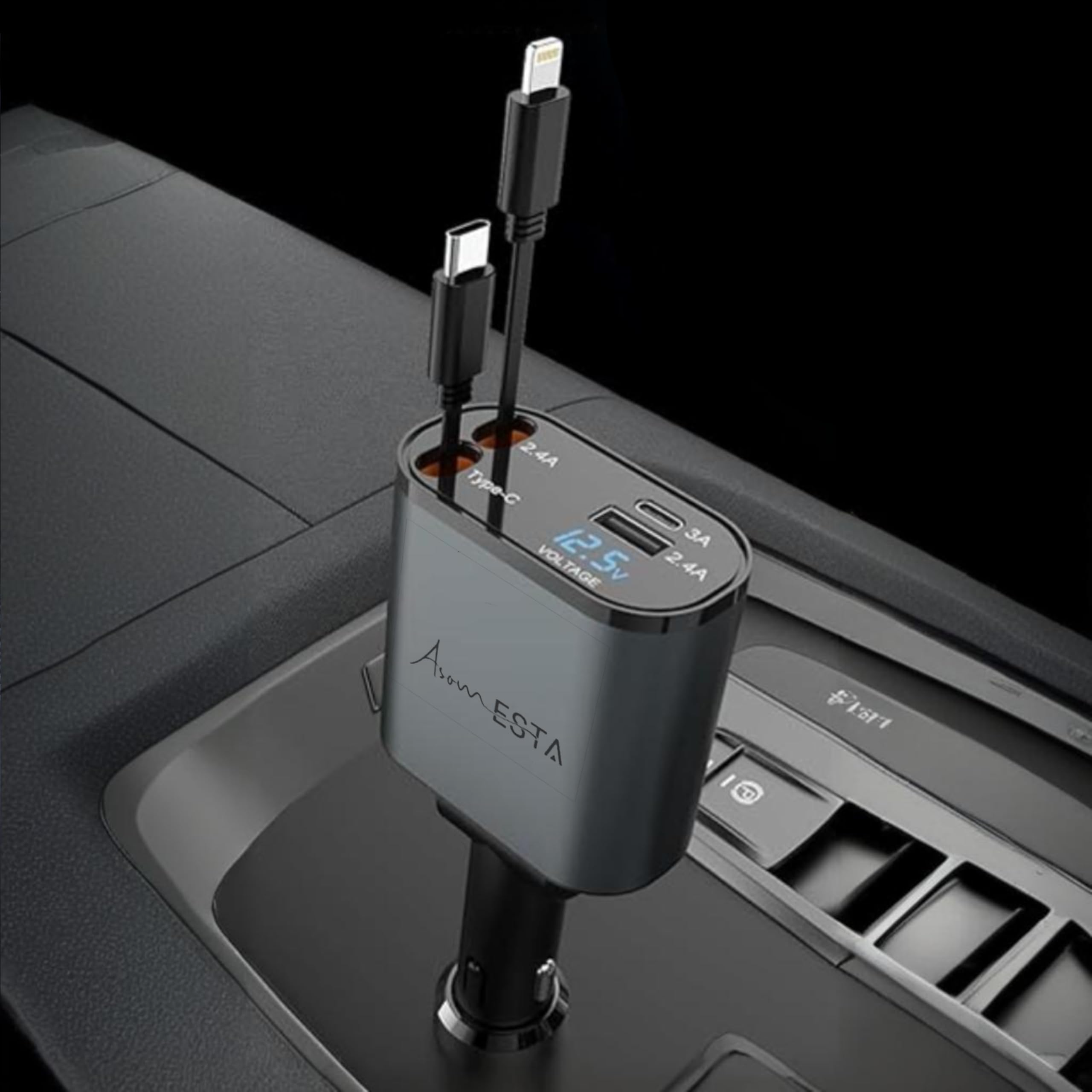 120W Fast Car Charger (2025 New Version) with 80CM Retractable Type-C Charging for 4 Devices – Universal Car Mobile Charger for All Smartphones & Tablets (Car Charger)