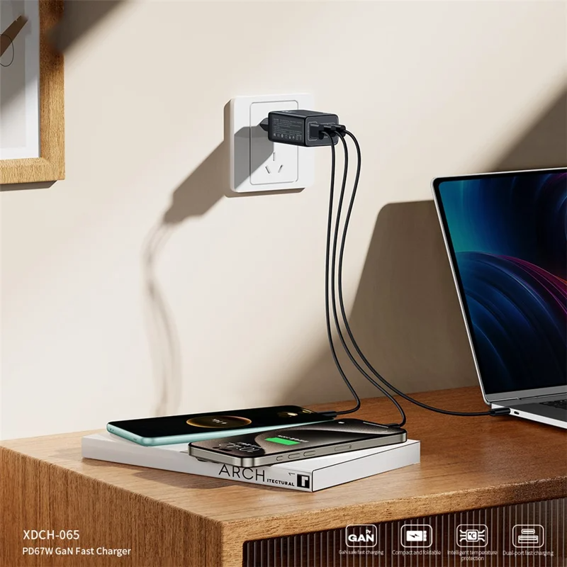 XUNDD XDCH-065 67W Fast Charging GaN Wall Charger USB-A+2xType-C Power Adapter - EU Plug