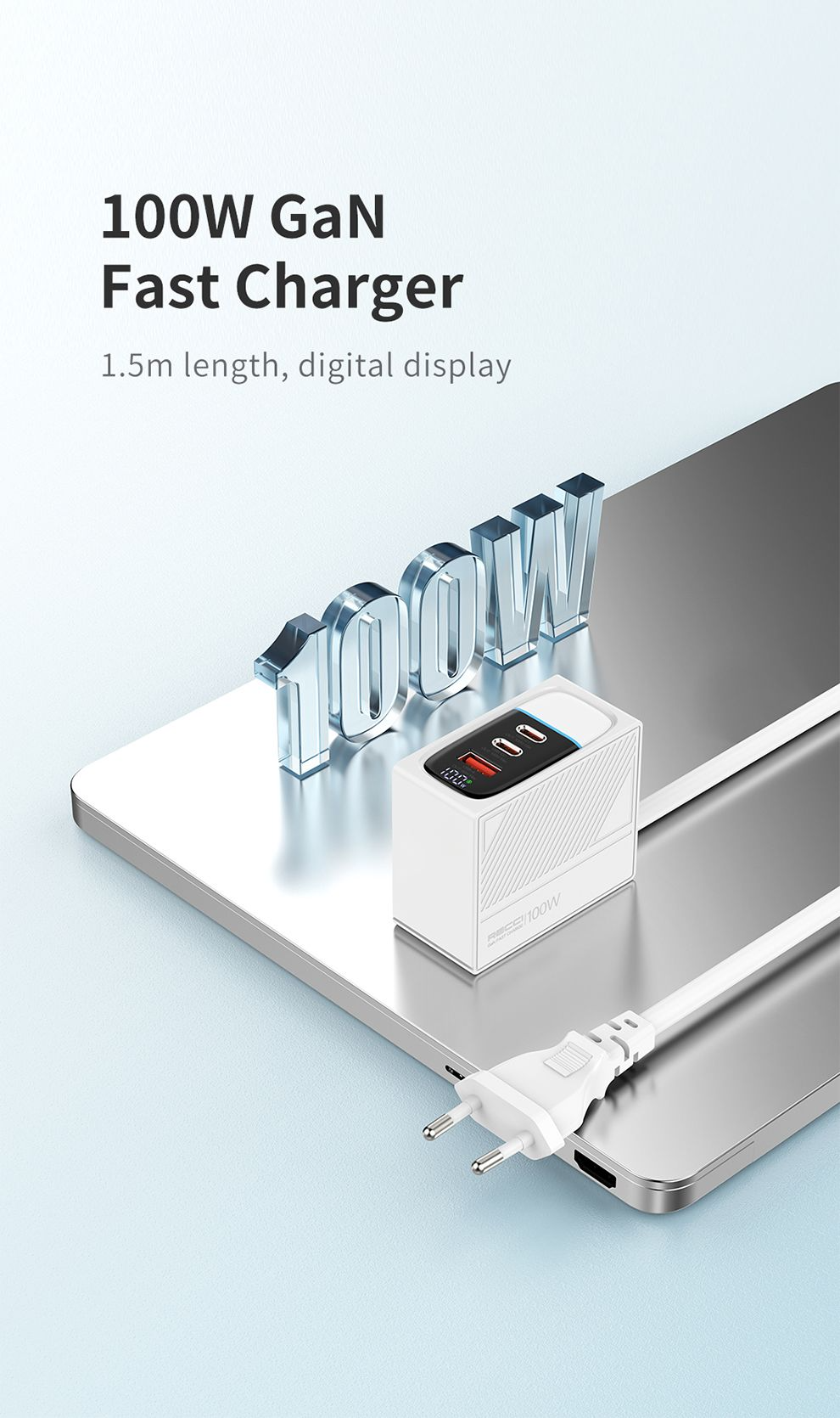 RECCI 100W Fast Charger Digital Display With PD3.0/QC3.0 EU AC Plug [RC80E]