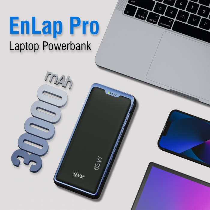 EVM EnLap Pro 30000 mAh Laptop Power Bank with 65W Fast Charging, Dual Input/Output, LED Indicators