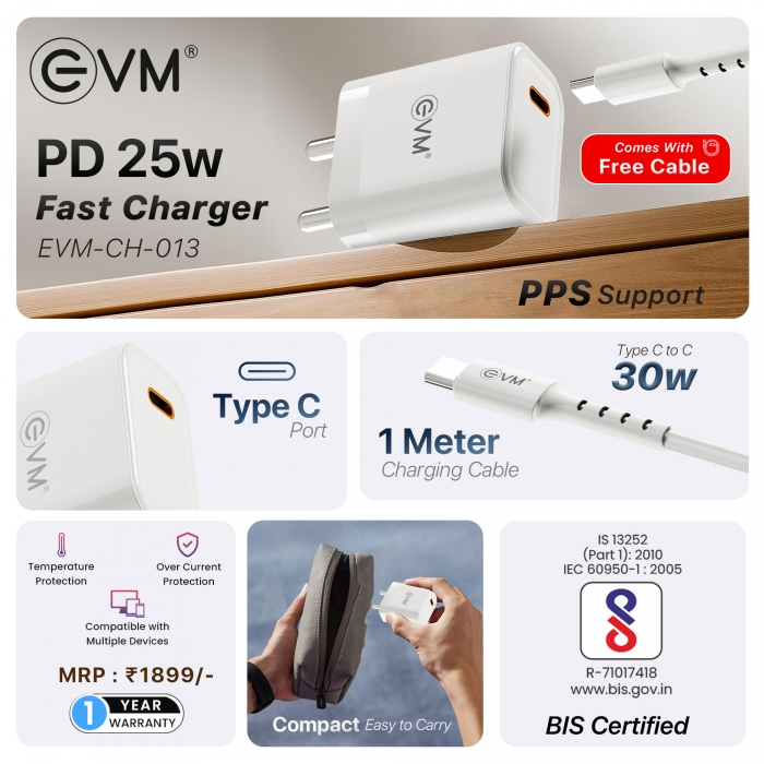 EVM 25W Mobile Charger - Type C Cable Included - Compact Charging Adaptor - Android, Xiaomi, Vivo and Other Smartphones  (EVM-CH-013)