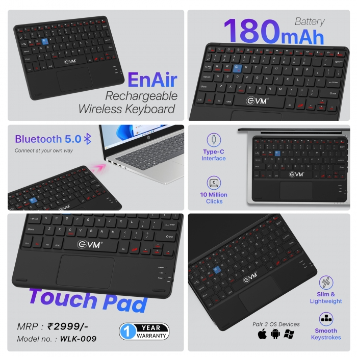 EVM EnAir Wireless Rechargeable Keyboard | Bluetooth 5.0 | Ultra-Slim & Lightweight | 78 Keys Universal Compatibility | Type-C Charging-(WLK-009)