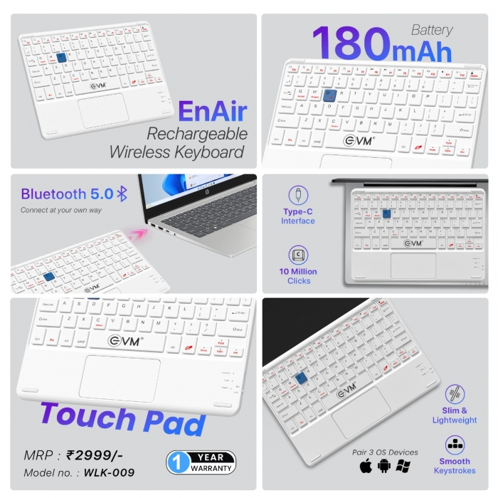 EVM EnAir Wireless Rechargeable Keyboard | Bluetooth 5.0 | Ultra-Slim & Lightweight | 78 Keys Universal Compatibility | Type-C Charging-(WLK-009)
