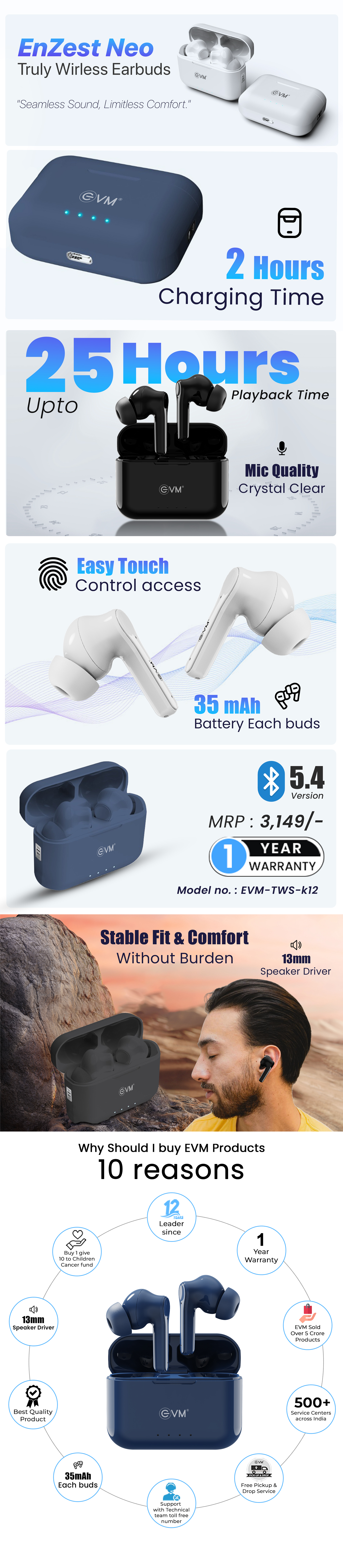 EVM EnZest Neo True Wireless Earbuds | Bluetooth 5.4, 8-Hour Playtime, 13mm Drivers, Lightweight & Secure Fit - (EVM-TWS-K12-