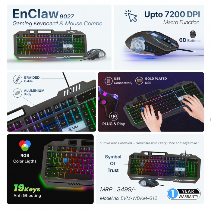 EVM EnClaw Wired Gaming Keyboard and Mouse Combo - RGB Backlit - 7200 DPI Adjustable Gaming Mouse - Strong Metallic Build with Braided Cable (EVM-WDKM-612-S)